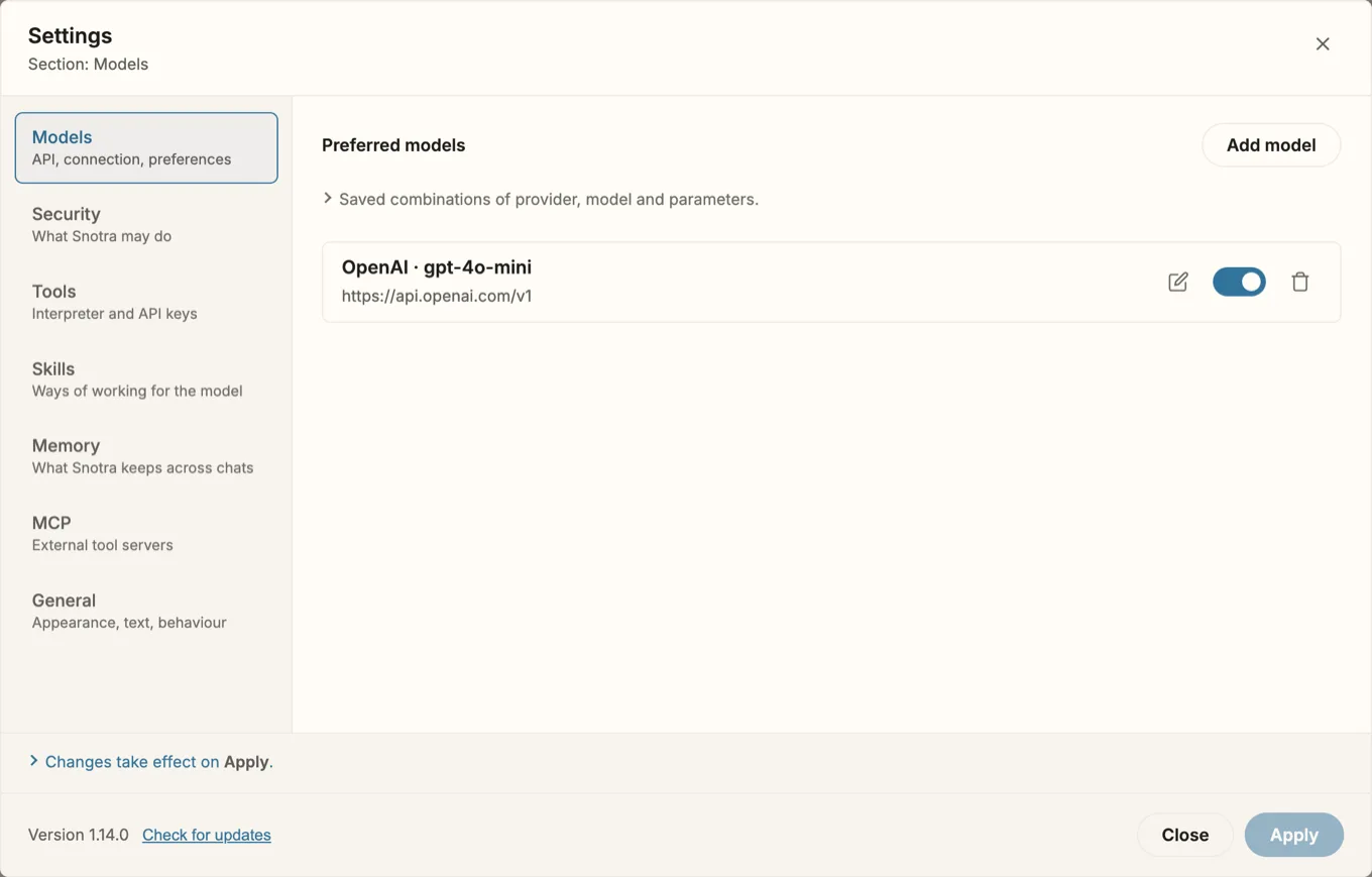 Settings, section Models, on a fresh install. The list “Preferred models” holds one entry, “OpenAI · gpt-4o-mini” with the address https://api.openai.com/v1, switched on. Top right a button “Add model”, bottom right the buttons Close and Apply.