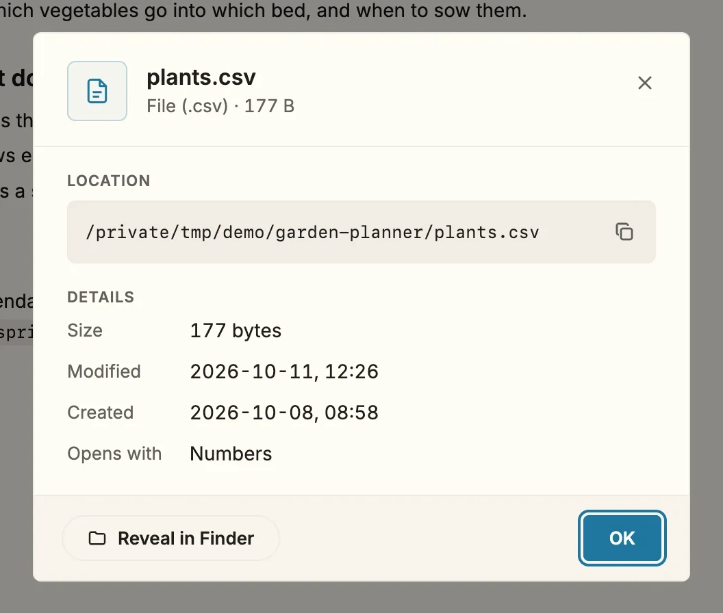 The information dialog for plants.csv: a file icon, the name, File (.csv) and 177 B; under Location the full path with a copy button; under Details size, modified, created and the app it opens with; at the bottom Reveal in Finder and OK.