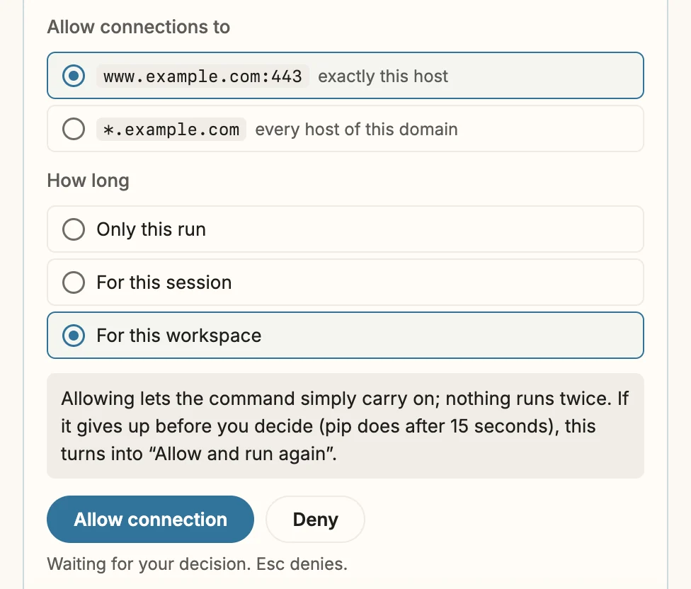 The lower part of the card Sandbox, connection waiting. Under Allow connections to, the choices www.example.com:443 exactly this host, selected, and *.example.com every host of this domain. Under How long, Only this run, For this session, and For this workspace, selected. Below, a note, the buttons Allow connection and Deny, and Waiting for your decision, Esc denies.